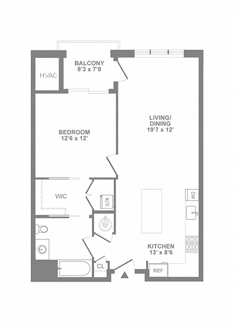 Floor plan for 1 bed, 1 bath, 800 sqft